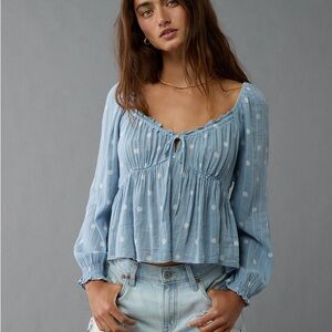 American Eagle Polka Dots Blue Smocked Tie Front Blouse